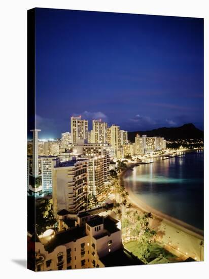 Aerial of Waikiki Beach at Night, HI-Walter Bibikow-Stretched Canvas