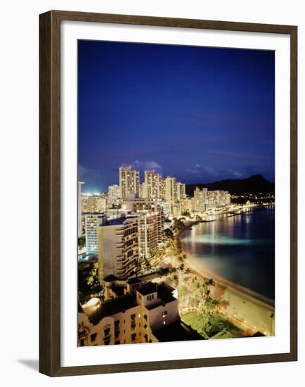 Aerial of Waikiki Beach at Night, HI-Walter Bibikow-Framed Premium Photographic Print