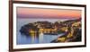 Aerial panorama of Dubrovnik Old Town at night with orange sunset sky, UNESCO World Heritage Site, -Neale Clark-Framed Photographic Print