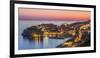 Aerial panorama of Dubrovnik Old Town at night with orange sunset sky, UNESCO World Heritage Site, -Neale Clark-Framed Photographic Print