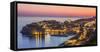 Aerial panorama of Dubrovnik Old Town at night with orange sunset sky, UNESCO World Heritage Site, -Neale Clark-Framed Stretched Canvas