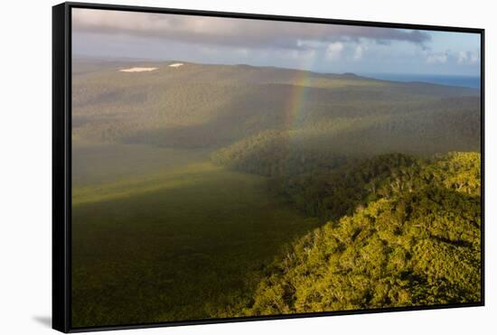 Aerial photograph of a rainbow & giant sand dunes, Great Sandy National Park, Australia-Mark A Johnson-Framed Stretched Canvas