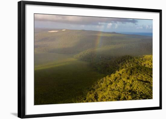 Aerial photograph of a rainbow & giant sand dunes, Great Sandy National Park, Australia-Mark A Johnson-Framed Photographic Print