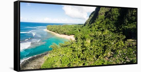 Aerial photograph of Ke'e Beach, Na Pali Coast, Kauai, Hawaii, USA-Mark A Johnson-Framed Stretched Canvas