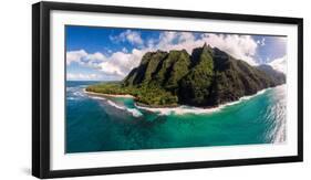 Aerial photograph of Ke'e Beach, Na Pali Coast, Kauai, Hawaii, USA-Mark A Johnson-Framed Premium Photographic Print