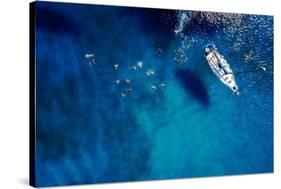 Aerial Shot of Beautiful Blue Lagoon at Hot Summer Day with Sailing Boat. Top View of People are Sw-dusanpetkovic-Stretched Canvas