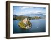 Aerial view by drone of Bled Island with the Church of the Assumption at dawn, Slovenia-Ben Pipe-Framed Photographic Print