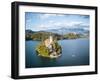 Aerial view by drone of Bled Island with the Church of the Assumption at dawn, Slovenia-Ben Pipe-Framed Photographic Print