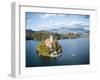 Aerial view by drone of Bled Island with the Church of the Assumption at dawn, Slovenia-Ben Pipe-Framed Photographic Print