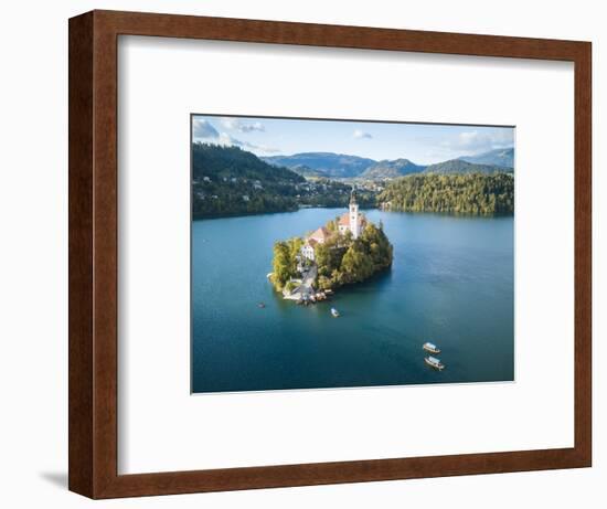 Aerial view by drone of Bled Island with the Church of the Assumption at dawn, Slovenia-Ben Pipe-Framed Photographic Print