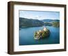 Aerial view by drone of Bled Island with the Church of the Assumption at dawn, Slovenia-Ben Pipe-Framed Photographic Print