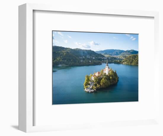 Aerial view by drone of Bled Island with the Church of the Assumption at dawn, Slovenia-Ben Pipe-Framed Photographic Print