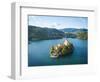 Aerial view by drone of Bled Island with the Church of the Assumption at dawn, Slovenia-Ben Pipe-Framed Photographic Print