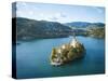 Aerial view by drone of Bled Island with the Church of the Assumption at dawn, Slovenia-Ben Pipe-Stretched Canvas