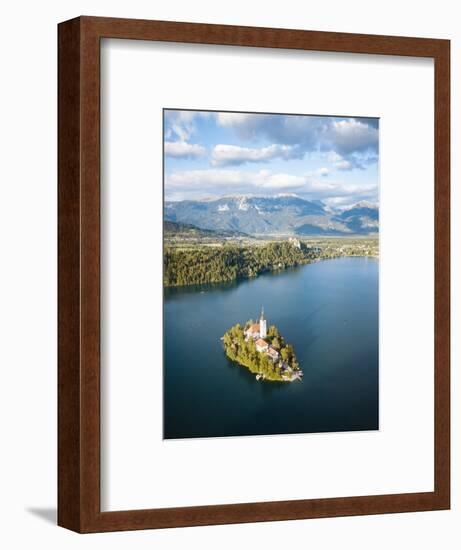 Aerial view by drone of Bled Island with the Church of the Assumption at dawn, Slovenia-Ben Pipe-Framed Photographic Print