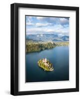 Aerial view by drone of Bled Island with the Church of the Assumption at dawn, Slovenia-Ben Pipe-Framed Photographic Print