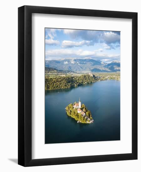 Aerial view by drone of Bled Island with the Church of the Assumption at dawn, Slovenia-Ben Pipe-Framed Photographic Print