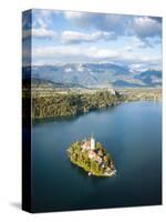Aerial view by drone of Bled Island with the Church of the Assumption at dawn, Slovenia-Ben Pipe-Stretched Canvas