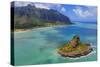 Aerial view by drone of Kaneohe Bay and Mokolii island (Chinaman's Hat), Oahu Island, Hawaii, USA-Christian Kober-Stretched Canvas