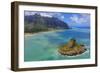 Aerial view by drone of Kaneohe Bay and Mokolii island (Chinaman's Hat), Oahu Island, Hawaii, USA-Christian Kober-Framed Photographic Print