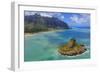 Aerial view by drone of Kaneohe Bay and Mokolii island (Chinaman's Hat), Oahu Island, Hawaii, USA-Christian Kober-Framed Photographic Print