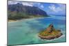 Aerial view by drone of Kaneohe Bay and Mokolii island (Chinaman's Hat), Oahu Island, Hawaii, USA-Christian Kober-Mounted Photographic Print