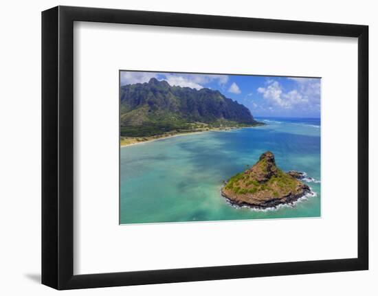 Aerial view by drone of Kaneohe Bay and Mokolii island (Chinaman's Hat), Oahu Island, Hawaii, USA-Christian Kober-Framed Photographic Print