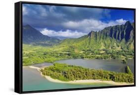 Aerial view by drone of Kaneohe Bay, Oahu Island, Hawaii, USA-Christian Kober-Framed Stretched Canvas