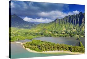 Aerial view by drone of Kaneohe Bay, Oahu Island, Hawaii, USA-Christian Kober-Stretched Canvas