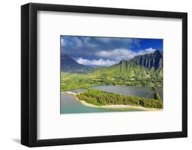 Aerial view by drone of Kaneohe Bay, Oahu Island, Hawaii, USA-Christian Kober-Framed Photographic Print