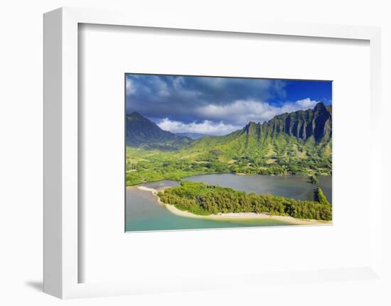 Aerial view by drone of Kaneohe Bay, Oahu Island, Hawaii, USA-Christian Kober-Framed Photographic Print