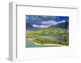 Aerial view by drone of Kaneohe Bay, Oahu Island, Hawaii, USA-Christian Kober-Framed Photographic Print