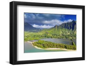 Aerial view by drone of Kaneohe Bay, Oahu Island, Hawaii, USA-Christian Kober-Framed Photographic Print