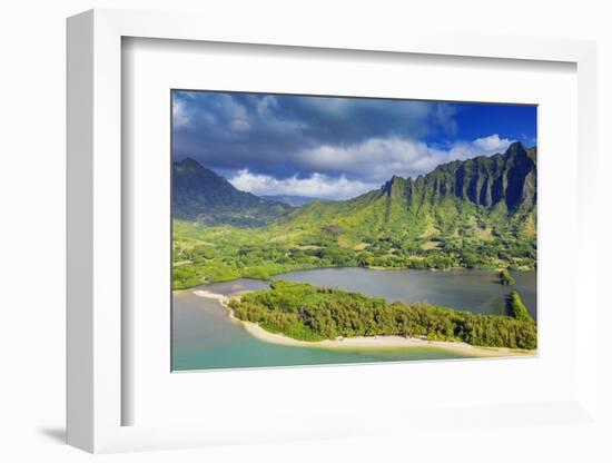 Aerial view by drone of Kaneohe Bay, Oahu Island, Hawaii, USA-Christian Kober-Framed Photographic Print