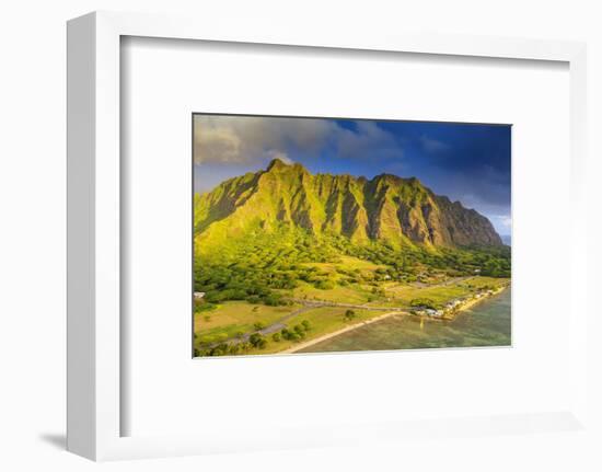 Aerial view by drone of Kaneohe Bay sea cliffs, Oahu Island, Hawaii, USA-Christian Kober-Framed Photographic Print