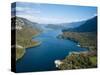 Aerial view by drone of Lake Bohinj, Triglav National Park, Upper Carniola, Slovenia-Ben Pipe-Stretched Canvas