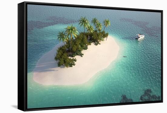 Aerial View of a Caribbean Desert Island in a Turquoise Water with a Woman Diving and a Yacht as a-Pablo Scapinachis-Framed Stretched Canvas