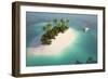 Aerial View of a Caribbean Desert Island in a Turquoise Water with a Woman Diving and a Yacht as a-Pablo Scapinachis-Framed Art Print