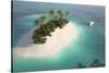 Aerial View of a Caribbean Desert Island in a Turquoise Water with a Woman Diving and a Yacht as a-Pablo Scapinachis-Stretched Canvas