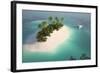 Aerial View of a Caribbean Desert Island in a Turquoise Water with a Woman Diving and a Yacht as a-Pablo Scapinachis-Framed Art Print