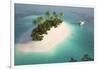 Aerial View of a Caribbean Desert Island in a Turquoise Water with a Woman Diving and a Yacht as a-Pablo Scapinachis-Framed Art Print