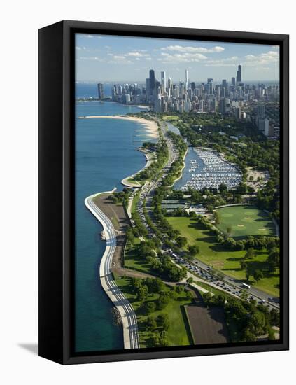 Aerial View of a City, Lake Shore Drive, Lake Michigan, Chicago, Cook County, Illinois, USA-null-Framed Stretched Canvas