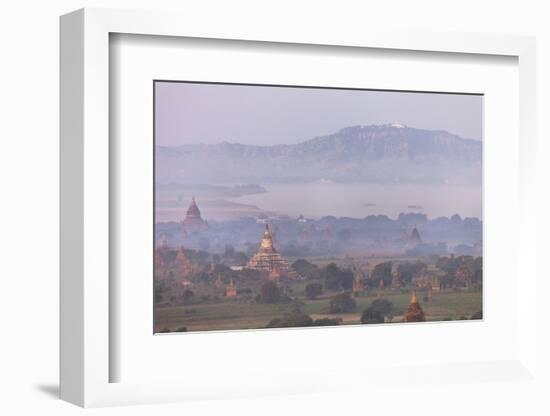 Aerial View of Ancient Temples of Bagan at Sunrise with Mount Popa in Background, Myanmar-Harry Marx-Framed Photographic Print