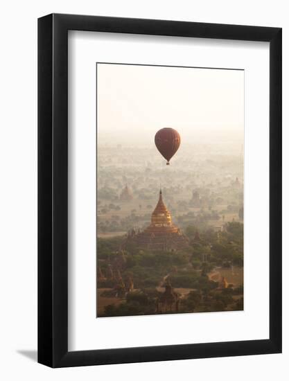 Aerial View of Balloon over Ancient Temples of Bagan at Sunrise in Myanmar-Harry Marx-Framed Photographic Print