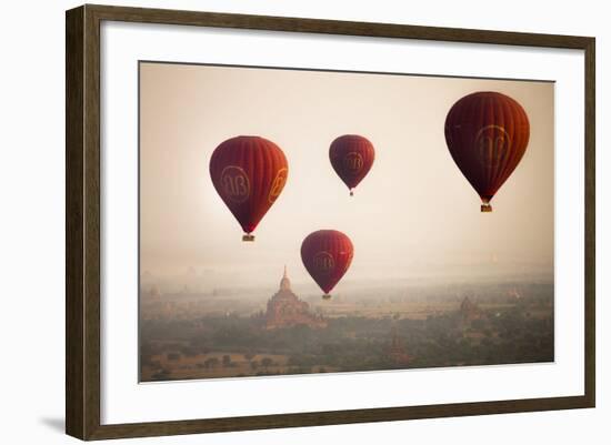 Aerial View of Balloons over Ancient Temples of Bagan at Sunrise in Myanmar-Harry Marx-Framed Photographic Print