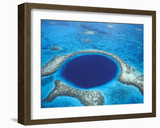 Aerial View of Blue Hole at Lighthouse Reef, Belize-Greg Johnston-Framed Premium Photographic Print