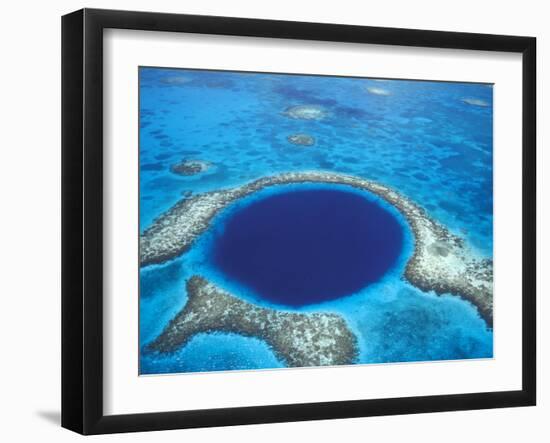 Aerial View of Blue Hole at Lighthouse Reef, Belize-Greg Johnston-Framed Premium Photographic Print