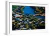 AERIAL VIEW of Cambridge and Anderson Memorial Bridge leading to Weld Boathouse, Harvard on Char...-null-Framed Photographic Print