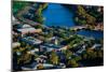 AERIAL VIEW of Cambridge and Anderson Memorial Bridge leading to Weld Boathouse, Harvard on Char...-null-Mounted Photographic Print