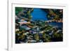 AERIAL VIEW of Cambridge and Anderson Memorial Bridge leading to Weld Boathouse, Harvard on Char...-null-Framed Photographic Print